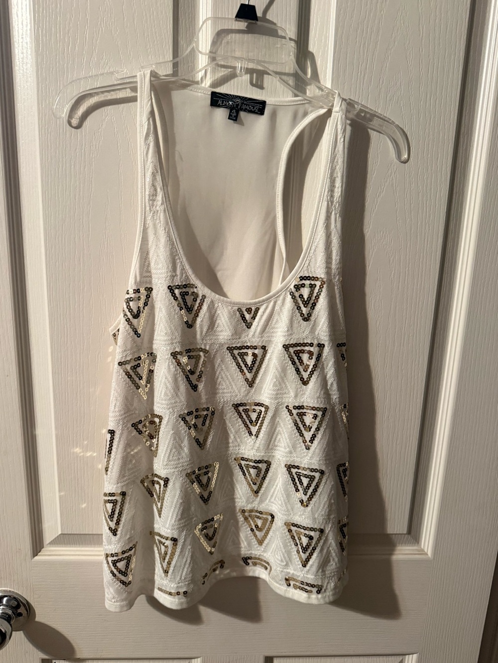 Almost Famous White Tank Top with Gold & Black sequins Triangles